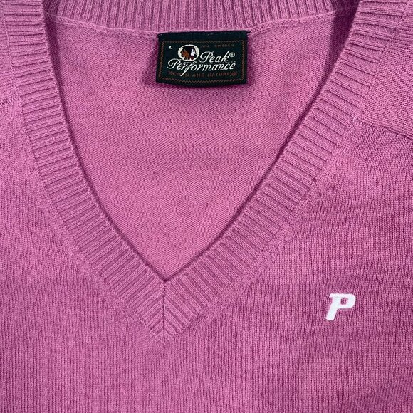 PEAK PERFORMANCE women pink golf v-neck 100% Lambswool Pullover Sweater Size L - Picture 3 of 16